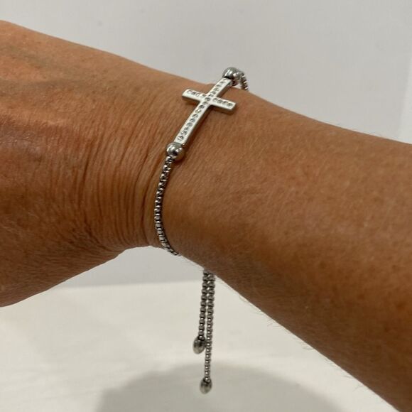 Silver Bracelet With White Enameled Chris's With Rhinestones Slide Closure - Picture 3 of 8